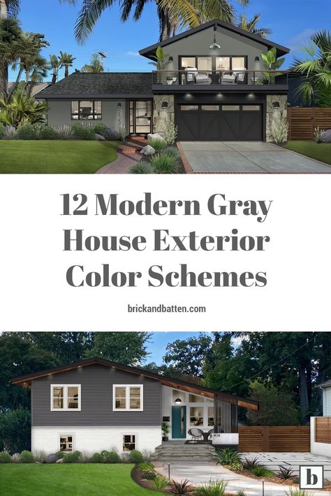 Deck Color For Dark Grey House, Dark Brick House Exterior Color Schemes, Gray Brick House Exterior, Dark Gray House Exterior, Modern Exterior Paint Colors, Grey Brick Houses, Coloured Houses, Grey Exterior House Colors, Exterior Gray Paint