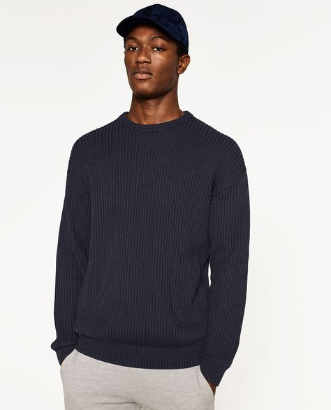 OVERSIZED SWEATER-NEW IN-MAN | ZARA United States Blue Crew Neck Outfit, Crew Neck Outfit Men, Crew Neck Outfit, Blazer Bleu, Fisherman Sweater, Old Navy Men, Navy Sweater, Blue Crew, Navy Blazer