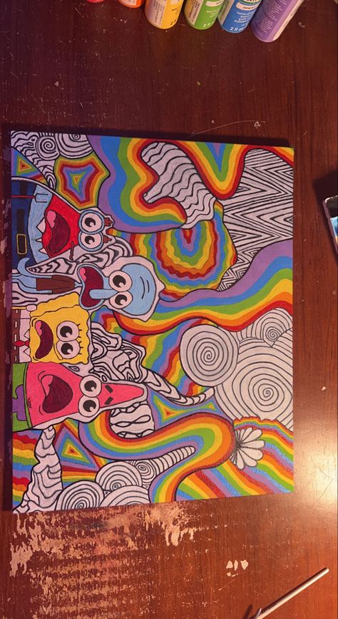 Highliter Drawing Art, Spongebob Painting High, Trippy Table Painting, Trippy Spongebob Art, Trippy Aesthetic Paintings Canvases, High Trippy Canvas Art, Wall Painting Ideas Bedroom Trippy, Trippy Spongebob Painting Canvases, Cool Things To Draw Creative Easy Trippy