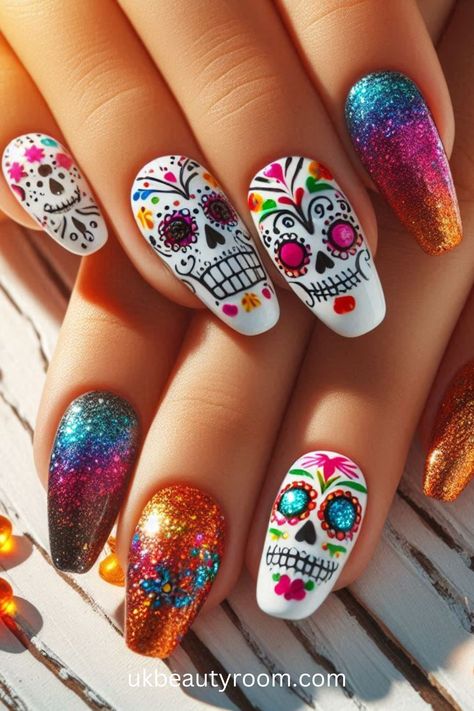 Day Of The Dead Nails Acrylic, Sugar Skull Nails Designs, Day Of The Dead Nails, Sugar Skull Nails, Nails For Halloween, Nail Designs For Spring, Mexican Nails, Fingernail Art, Black Halloween Nails