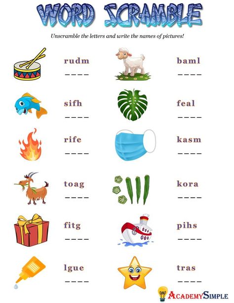 Scramble Words Worksheet, Unscramble Words Worksheets, Word Scramble For Kids, Scramble Letters, Jumbled Words, Words Worksheet, Unscramble Words, Scramble Words, English Spelling