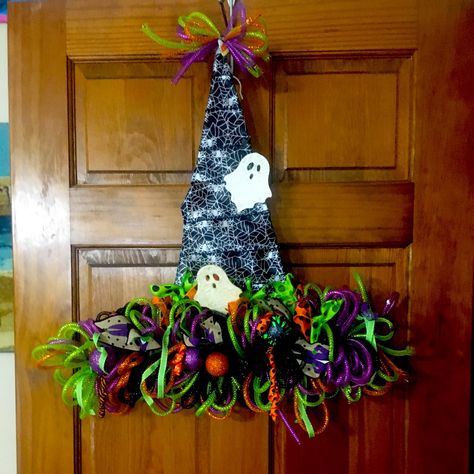 Boo! It’s Halloween Fun! Handmade Witches Hat, Can Be Hung On Door Or Inside House Handmade Witch Hat, Christmas Wreath Decor, Cedar Wreath, Hat Decor, Vintage Burlap, Easter Spring Wreath, Felt Pumpkins, Inside House, Easter Egg Wreath