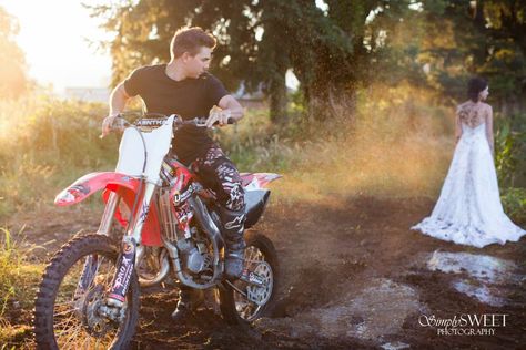 Dirt Bike photo. Trash Photoshoot, Motocross Wedding, Dirt Bike Couple, Trash The Dress Photo Shoot, Motocross Couple, Dirt Bike Wedding, Trash Dress, Divorce Celebration, Bike Wedding