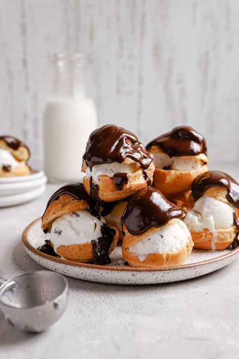 Profiteroles Recipe, Brown Eyed Baker, Choux Pastry, White Plate, Cream Puffs, Chocolate Sauce, Eclairs, Pastry Recipes, Best Dessert Recipes