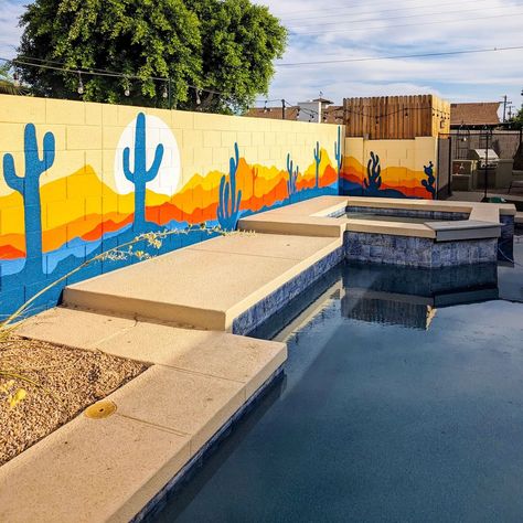 The mural is finished! I've been so engrossed with the van build this year that I haven't done much painting, so this 65' wall was a perfect canvas to satisfy my artistic itch! The bold colors really transformed the backyard and I love how they reflect in the pool. This was such a fun project and I'm grateful to @sandybjohnson for giving me the opportunity to create it! Pool Murals Painted Walls, Painted Pools, Monkey Shoulder, Florida Backyard, Van Build, I'm Grateful, Ideas Casa, Backyard Projects, In The Pool