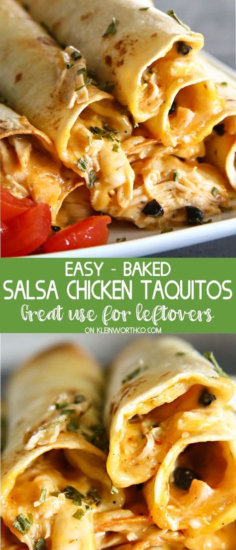 Baked Salsa Chicken Taquitos, quick and easy to throw together & a perfect use for leftovers. What a delicious appetizer or snack & great for game day! via @KleinworthCo Baked Salsa Chicken, Superbowl Food Appetizers, Chicken Parmesan Casserole, Chicken Taquitos, Salsa Chicken, Game Day Snacks, Game Day Food, Mexican Dishes, Yummy Appetizers