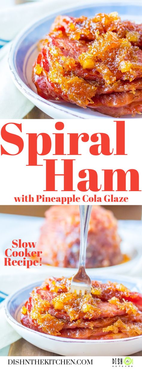 There's nothing better than a Spiral Sliced Ham on the dinner table...unless it's coated with a sweet n sour cola pineapple glaze. This slow cooked Spiral Ham bakes up nicely in the Crockpot, then finishes in the oven under the broiler. #spiralslicedham #glazedham #Easterdinner #bakedspiralham #ham Sweet Ham Glaze, Spiral Ham With Pineapple, Slow Cooker Spiral Ham, Bacon Pork Chops, Cola Ham, Ham And Pineapple Pizza, Easy Easter Dinner Recipes, Ham With Pineapple, Sweet Ham