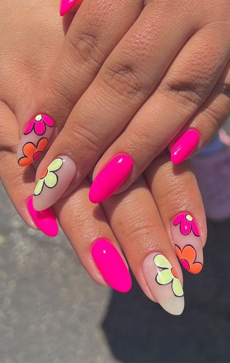 Two Color Pink Nails, Neon Retro Nails, Summer Nail Art Almond Shape, Bright Summer Floral Nails, May Inspired Nails, Neon Flowers Nails, Cartoon Flower Nails, Vibrant Nail Art, Nail Art Designs Bright Colors