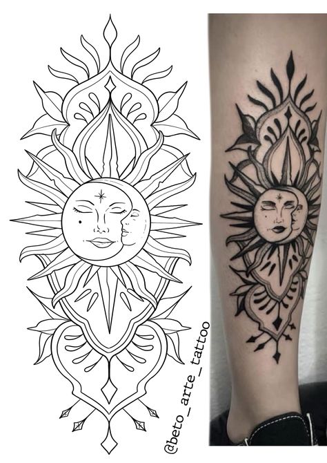 Sun And Moon Tattoo Stencil, Flash Tattoo Feminina, Tattoo Sonne, Shin Tattoo, Armband Tattoos, Type Tattoo, Tattoo Zeichnungen, Moon Tattoo Designs, Ornamental Tattoo