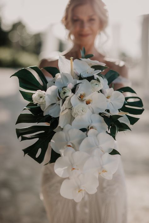 Bridal Bouquet With Monstera, Tropical Cascading Bridal Bouquet, Wedding Bouquets White Orchids, Monstera Bridal Bouquet, Monstera Leaf Wedding Decor, Banana Leaf Bouquet, Tropical Orchid Bouquet, Modern Tropical Wedding Centerpieces, Tropical White Bouquet