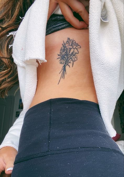 tattoo flowers dainty Bouquet Of Flowers Tattoo On Hip, Bouquet Hip Tattoo, Birth Flower Bouquet Tattoo Ribs, Flower Bouquet Tattoo On Side, Rib Flower Bouquet Tattoo, Bouquet Of Flowers Tattoo Ribs, Bouquet Tattoo On Ribs, Bouquet Rib Tattoo, Birth Flower Bouquet Tattoo Placement