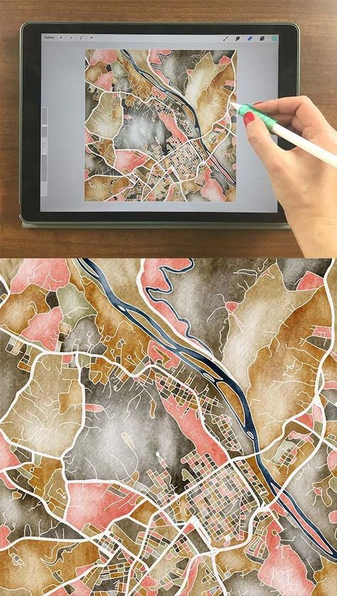 Learn to Create Illustrated Maps on Your iPad in Procreate - I absolutely love creating hand drawn maps.  They are perfect for commemorating a trip, making for friends and family, or for making an ad for a local event like an art gallery walk or local food spots.  I wanted to finally share my process for creating these maps, plus give you the brushes, textures, and stamps I like to use to create mine. #procreate #ipad #illustration #draw #ipadlettering #ipadart #ipaddrawing #procreatebrushes Cool Map Art, Drawing On Maps Art, Illustrated Maps Hand Drawn, Ipad Illustration Drawing, Art With Maps, Procreate Map, Mining Illustration, Map Drawing Art, Map Art Illustration