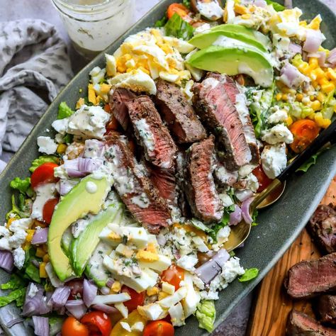 Chopped Salad With Grilled Steak Steak Cobb Salad Recipe, Flank Steak Salad Recipe, Steak Salad Recipes For Dinner, Steak Salads, Flank Steak Salad, Roasted Corn Salad, Sailor Bailey, Steak Salad Recipe, Grilled Steak Salad