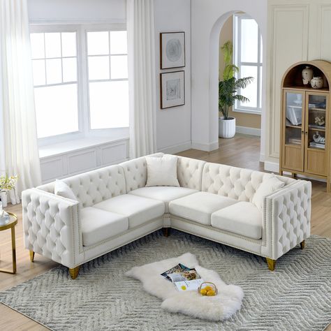 This is a three-section sofa not only comfortable to sit, beautiful appearance, looks simple and generous, fashionable and elegant. ✔Classic Chesterfield Sofa. Using the classic Chesterfield sofa design, classic and sophisticated. Chesterfield Sofa Design, Velvet Corner Sofa, Beige Sectional, Corner Sofa Covers, Corner Sectional Sofa, Quality Sofas, Corner Sofas, Sectional Sofa Couch, Sofa Frame