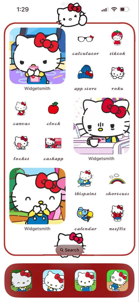 Hello Kitty Ios 16 Layout, Ios Inspiration, Home Screen Inspo, Lockscreen Ios, Phone Layouts, Iphone Home Screen Layout, Phone Inspo, Hello Kitty Cartoon, Phone Inspiration