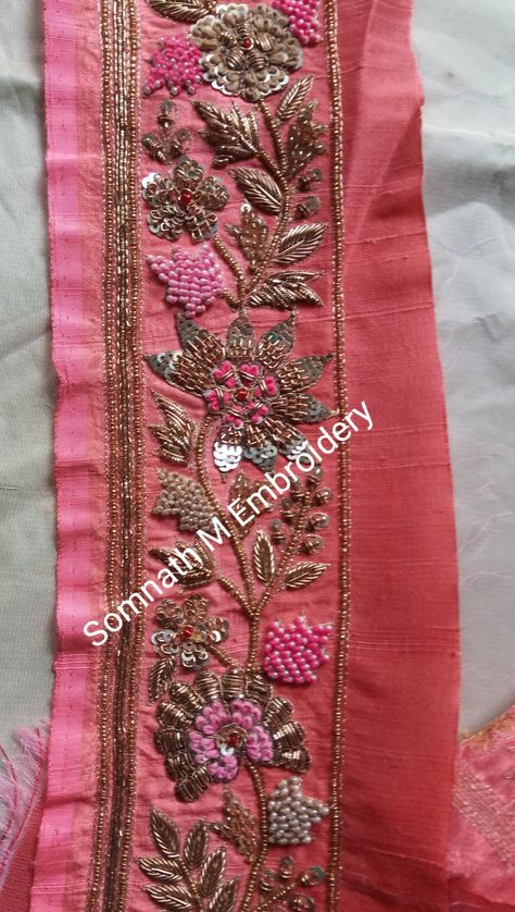 Embroidery Dabka Work Design, Hand Work Border Design, Border Hand Embroidery Designs Patterns, Dabka Work Embroidery Border, Embroidery On Pink Fabric, Hand Embroidery On Saree, Dabka Work Embroidery Suits, Hand Work Embroidery Suits, Cutdana Work