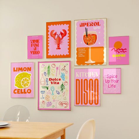 Bohemian-inspired dorm room decor featuring a gallery wall with pink and orange posters. Pink Orange Art Prints, Poster Sets Wall Art, Poster Prints Wall Bedroom Aesthetic Pink, Wall Poster Inspo Bedroom, Orange Pink Decor, Pink And Orange Kitchen Decor, Colourful Wall Prints, Happy Mew Year 2023, Pink Orange Poster