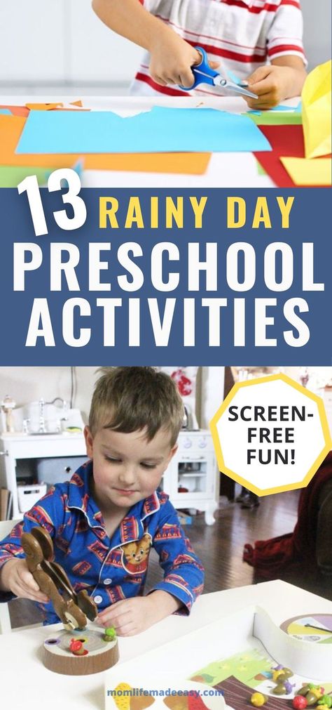 Collage of preschooler doing art and playing a special game - featuring 2 of the 13 rainy day preschool activities on the list! Preschool Rainy Day Crafts, Rainy Day Preschool Activities, Rainy Day Activities For Preschoolers, Rain Day Activities, Activities For Rainy Days, Craft Ideas Simple, Rainy Day Activities For Kids, Easy Kid Activities, Rainy Day Fun