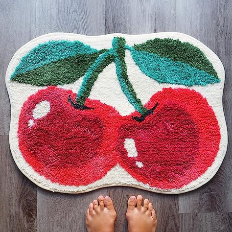 Cherry Rug, Cool Apartment, Funny Bath Mat, Funky Bedroom, College Apartments, Cute Bath Mats, Funky Rugs, Pink Fruit, Boho Shower Curtain