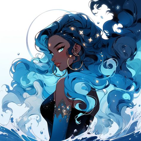 Black Anime Goddess, Black Women Blue Aesthetic, African Princess Art, Lunarian Oc, Dark Skin White Hair Character Art, Moon Magic Aesthetic, Goddess Oc Art, Moon Girl Art, Moon Character Design