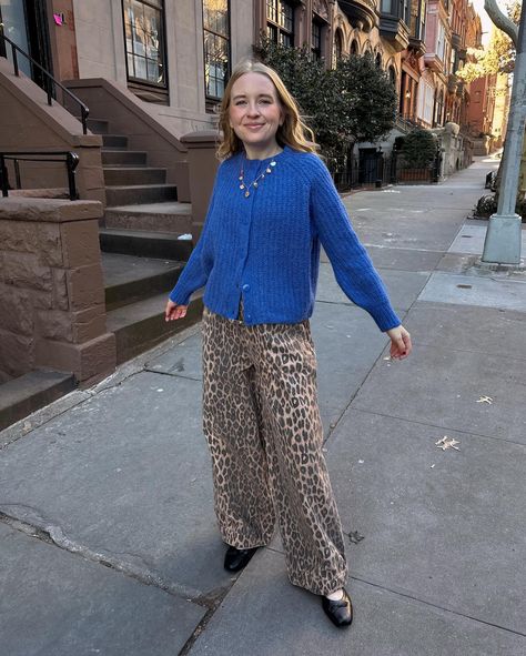 really into this color lately 💙🫐 @sezane #sezanelovers outfit: https://liketk.it/4ys5F 🏷️ leopard pants, leopard print, leopard outfit, blue sweater, blue cardigan, cardigan outfit, ballet flats, ballet flats outfit, Pinterest girl, Pinterest aesthetic, fashion trends, spring style Leopard Print Winter Outfits, Blue And Leopard Outfit, Leopard Print Cardigan Outfit, Outfit Ballet Flats, Blue Cardigan Outfit, Blue Sweater Outfit, Leopard Outfit, Ballet Flats Outfit, Leopard Outfits