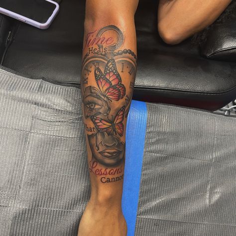 @fastidiousinks time heals tattoo Outer Forearm Tattoos Black Women, Healing Tattoos For Black Women, Time Heals What Reason Cannot Tattoo, Forearm Tattoos Black Woman, Black Ppl Tattoos, Above And Beyond Tattoo, Tattoo Aesthetic Black Woman, Girl Tattoo Ideas Black People, Time Heals Tattoo For Women