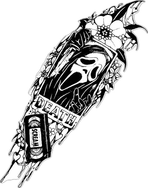 Horror Character Tattoo Sleeve, Spooky Forarm Tattoos, Leg Tattoos Horror, Ghostface Forearm Tattoo, Scream Arm Tattoo, Scream Tattoo Ghostface Sleeve, Spooky Forearm Tattoo Women, Horror Shin Tattoo, Vampire Tattoo Stencil