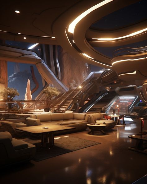 Sci Fi Building Interior, Sci Fi Palace Interior, Sci Fi Penthouse, Luxury Spaceship Interior, Living In Spaceship, Sci Fi Space Station Interior, Futuristic Mansion Interior, Spaceship Concept Interior, Spaceship Interior Design