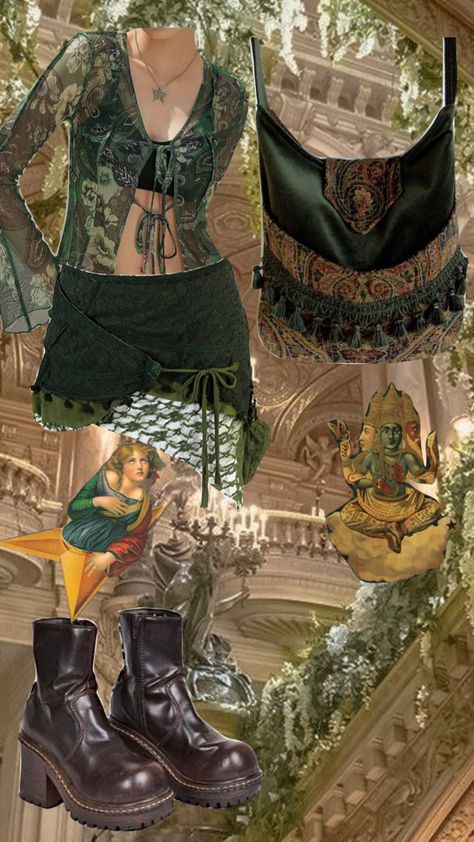 Green Witch Aesthetic Fashion, Fem Grunge, Green Witch Outfit, Whimsigoth Fits, Green Whimsigoth, Whimsigothic Outfits, Alt Cottagecore, Whimsi Goth, Whimsigoth Fashion