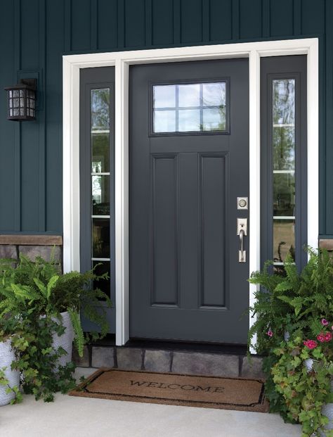 One of ProVia’s newest colors for 2020 is Nightfall, a dark grey that pairs well with so many other colors! This staple shade is a great base against bolder colors, and a great contrasting option against lighter hues on the home. #ProVia #Nightfall #door #frontdoor #entrydoor #homeimprovement #WendelHomeCenter Provia Doors, Custom Exterior Doors, Exterior Door Colors, House Front Door Design, Front Door Styles, Steel Entry Doors, Front Door Paint Colors, Black Front Doors, Front Porch Design