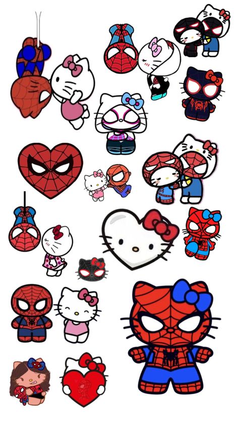 Hello Kitty And Spiderman, Spiderman Christmas, Spiderman Stickers, Spiderman Painting, Hello Kitty Stickers, Hello Kitty Imagenes, Spiderman Gifts, Hello Kitty Wallpaper Hd, Hello Kitty Colouring Pages