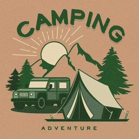 Camping Illustration Graphics, Camping Graphic Design, Summer Camp Design, Camp Signage, Vintage Camping Photos, Camping Poster, Camping Illustration, Camping Graphic, Camping Design