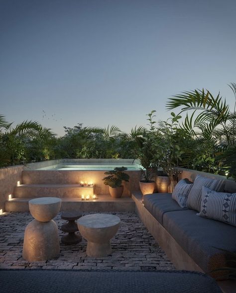 Roof Garden With Jacuzzi, Rooftop Terrace Jacuzzi, Bali Terrace Design, Bali Rooftop Terrace, Roof Jacuzzi, Tulum Patio, Jacuzzi Backyard, Pool On Roof, Greek Terrace