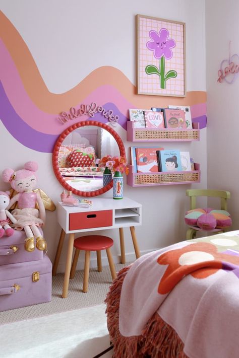 B&A: A Kid’s Basic Peachy Bedroom Gets an Incredible “Sunshine and Rainbows" Makeover Colorful Montessori Bedroom, Art Theme Bedroom, Rainbow Toddler Room, Peachy Bedroom, Retro Girls Room, Cozy Colorful Bedroom, Fun Girls Room, Colorful Room Aesthetic, Colorful Girls Room