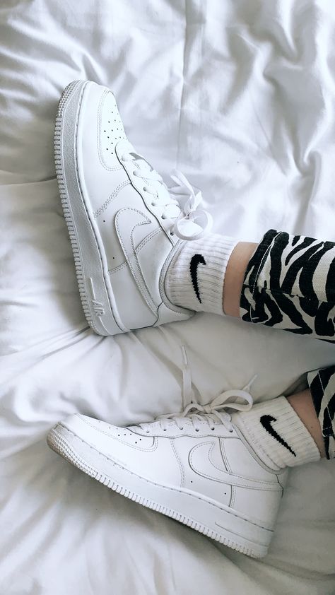 Nike Air Force 1’s, Nike AF1’s, Nike socks, Nike swoosh, white socks Nike Socks With Air Force Ones, Air Force 1 With Socks, Forces Outfit, White Nike Socks, Air Force One Shoes, Socks Nike, New Nike Air Force, All Nike Shoes, Nike Socks