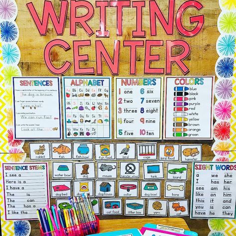 Kindergarten Writing Center - Apples and ABC's Classroom Writing Center, Writing Center Preschool, Pre-k Writing, Writing Center Kindergarten, Writing Center Activities, Miss Kindergarten, Writing Folders, Writing Station, Classroom Centers