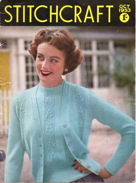 Stitchcraft October 1953 Full Magazine Scan (K) Vintage Blouse Pattern, Twin Set Sweater, Housewife Dress, Jumper Knitting Pattern, Cutwork Embroidery, Patterns Sewing, Black And White Baby, Vintage Knitting Patterns, Dolman Sleeve Tops