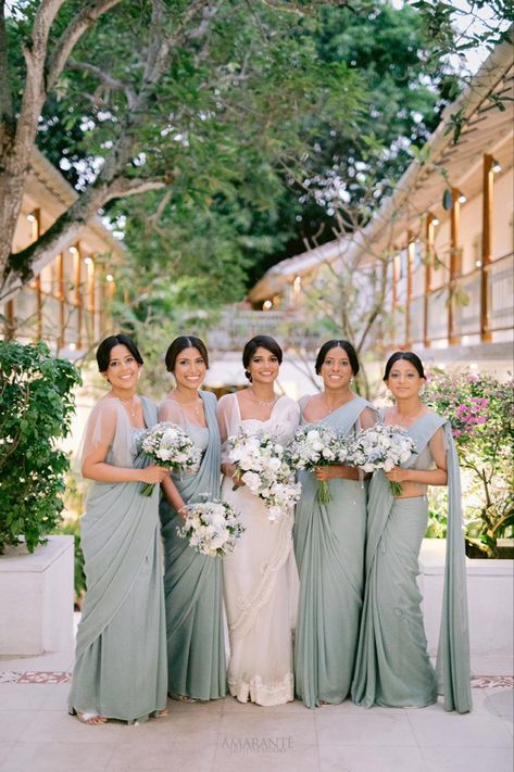 Sage Green Bridesmaid Saree, Green Saree Bridesmaid, Indian Bridesmaids Saree Outfits, Sari Bridesmaid Dress, Sage Green Indian Bridesmaid Dresses, Bridesmaid Dresses Indian Christian, Indian Bridesmaids Outfits Saris, South Indian Bridesmaids Saree, Tamil Bridesmaid