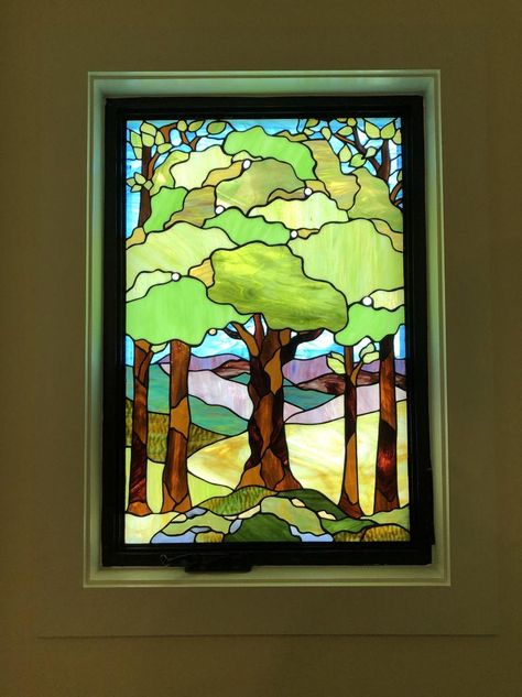 W-320 Enchanted Forest Stained Glass Window | Etsy Autumn Mountains, Stained Glass Studio, Custom Wood Frames, Earth Colors, Glass Painting Designs, Art Forest, Custom Stained Glass, Large Tree, Landscape Designs