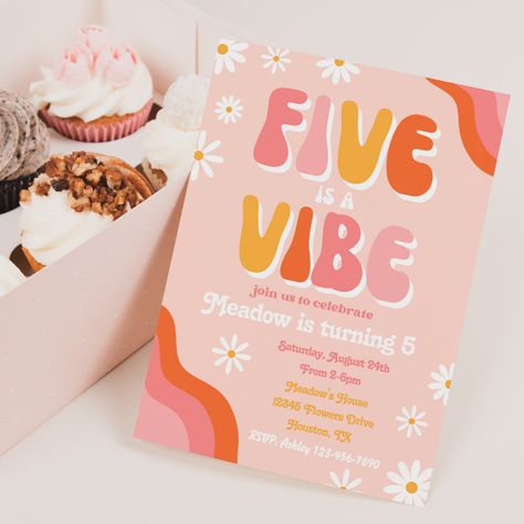 Five is a Vibe Birthday Invitation Groovy #Invitation #card #template #design #pinterestquotes #pinterestideas #pinterestmom #pinterestwedding #aesthetic #love #art #pinterestsuccess Five Is A Vibe, Fifth Birthday, Invitations Ideas, Retro Birthday, Invitation Card Template, Aesthetic Love, Birthday Invitations Girl, Second Birthday, Free Birthday Invitations