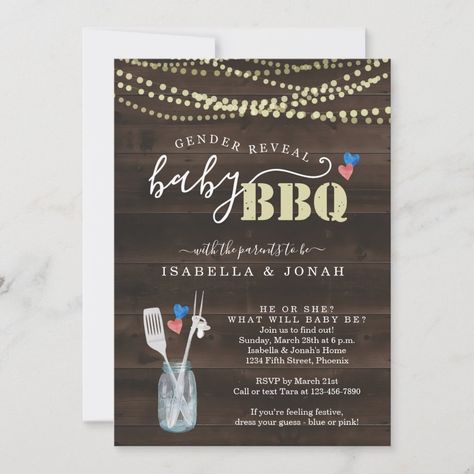 Gender Reveal Baby BBQ Invitation Baby Q Barbeque Barbeque Ideas, Baby Bbq, Bbq Baby Shower, Bbq Invitation, Rustic Mason Jars, Baby Q, Gender Reveal Invitations, Baby Gender Reveal, Baby Gender