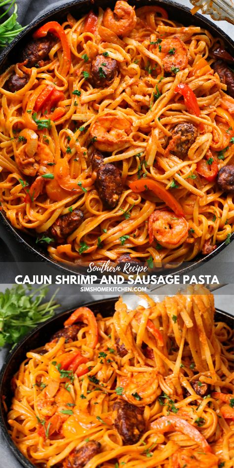 Cajun Shrimp and Sausage Pasta | Sims Home Kitchen Cajun Shrimp And Sausage Pasta, Sausage Pasta Dinner, Cajun Shrimp And Sausage, Shrimp And Sausage Pasta, Cajun Spices, Shrimp And Sausage, Shrimp Sausage, Cajun Pasta, Cajun Food