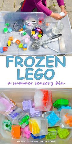 Frozen Lego – HAPPY TODDLER PLAYTIME - This is a fun and easy summer sensory bin activity using Lego pieces frozen in ice! Great fine motor skill activity for toddlers and preschoolers. Motor Skill Activity For Toddlers, Summer Sensory Bin, Motor Skill Activity, Summer Sensory, Activity For Toddlers, Summer Fun For Kids, Lego Activities, Toddler Sensory, Fine Motor Skills Activities