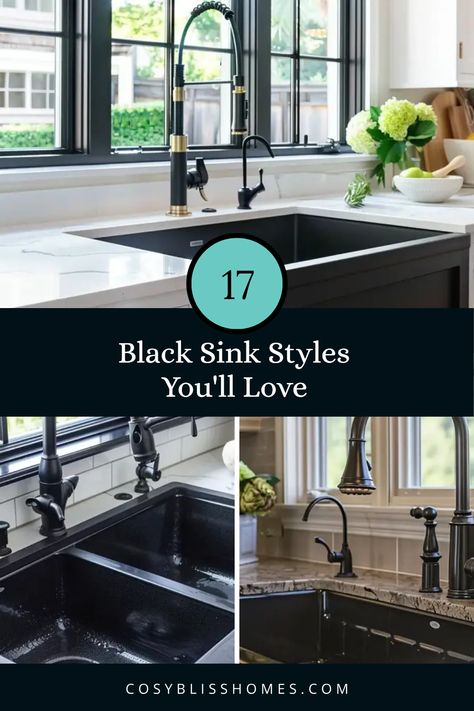 Looking for a way to refresh your kitchen? Explore these 17 stunning black sink styles that blend utility with aesthetic appeal. From sleek, statement-making single basins that wow guests, to textured finishes that add dimension and character to your space, find your ideal match. Not only do these black sinks make a striking impact, but they also come with essential maintenance tips to ensure their beauty lasts. Whether you want farmhouse charm or modern minimalism, your dream kitchen sink is a click away! Black Sinks In Kitchen, Black Apron Sink, Black Kitchen Sinks, Black Undermount Kitchen Sink, Kitchen Sink Options, Sink Styles, Black Farmhouse Sink, Sink Inspiration, Kitchen Sink Ideas