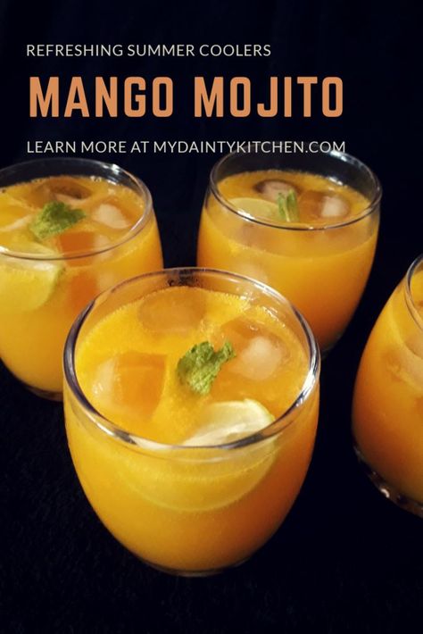 Mango Mojito | Summer Cooler Drink - My Dainty Kitchen Easy Shake Recipes, Minty Mango, Cookout Drinks, Mango Mojito Recipe, Non Alcoholic Mojito, Pink Lemonade Recipes, Mango Drink, Best Non Alcoholic Drinks, Mango Milkshake