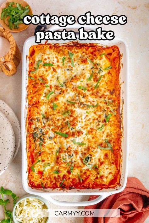 Made with only a handful of ingredients, this super simple cottage cheese pasta bake is a cheesy, delicious casserole that the whole family will love. Loaded with tender pasta, cottage cheese, marinara sauce, spinach, basil, and garlic, then topped with melted mozzarella, this pasta casserole is sure to have everyone reaching for seconds. Loaded Baked Spaghetti With Ricotta, Ravioli Casserole With Cottage Cheese, Spaghetti Sauce With Cottage Cheese, Healthy Spaghetti Casserole, How To Make Pasta Bake, Baked Pasta Cottage Cheese, Cottage Cheese Spaghetti Bake, Pasta Bake Cottage Cheese, Tomato Cottage Cheese Pasta