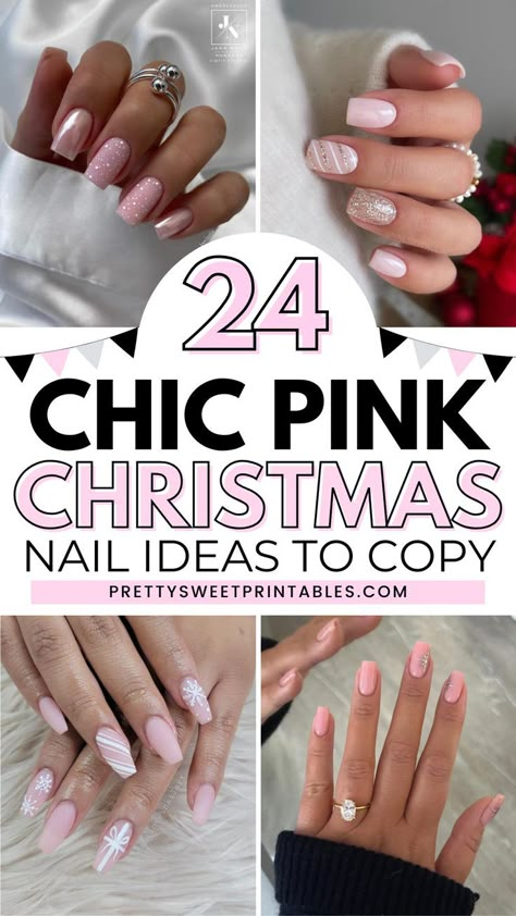 pink Christmas nails designs ideas nail art Pink And Gold Sns Nails, Red And Pink Christmas Nails Ideas, Holiday Nails Pink And White, Pink Snowflake Nail Design, Light Pink And White Nail Designs, Light Pink And Gold Nail Designs, Bridal Pink Nails, Light Pink Nails Design Ideas, Pick Nails Design