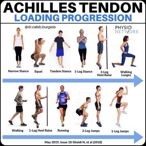 Achilles Tendon Loading Progressions - Physio Network Running Workout Plan, Ankle Exercises, Primal Movement, Weight Bearing Exercises, Foot Exercises, Achilles Tendon, Simple Exercise, Plyometric Workout, Physical Therapy Exercises