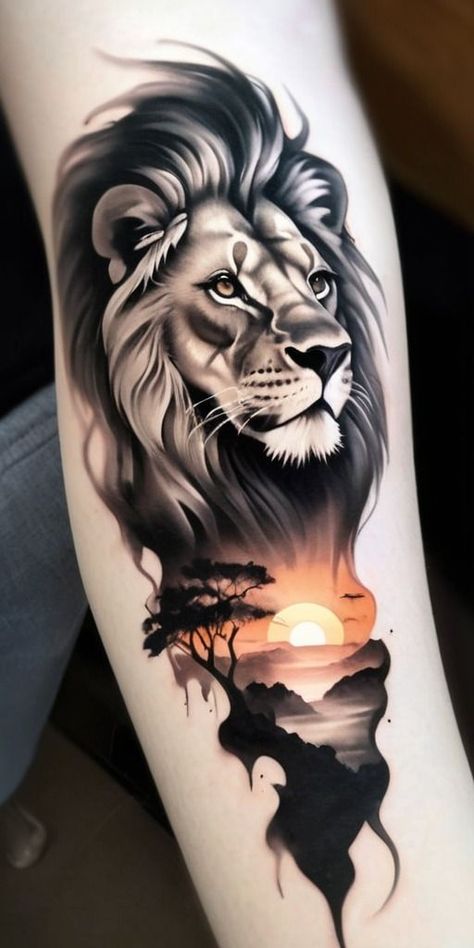 LION SAVANNA SUNSET TATTOO DESIGN Lion Tattoo Design Forearm, Loin Tattoos Design, Sunset Tattoo Design, Leones Tattoo, Tattoo Ideas For Beginners, African Warrior Tattoos, Leon Tattoo, Beautiful Spine Tattoos, First Tattoo Ideas