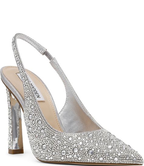 From Steve Madden&#x2C; the Fete-R Rhinestone Slingback Dress Pumps feature:Fabric upper with rhinestone embellishmentsSlip-on design with slingback strapSynthetic liningSynthetic outsoleApprox. 4.5" heel heightImported. Steven Madden Rhinestone Boots, Formal Rhinestoned Pointed Toe Slingback Pumps, Silver Steve Madden Heels Sparkle, Steve Madden Rhinestone Heels, Rhinestone Sandals Steve Madden, Homecoming Heels, Steve Madden Heels, Bridal Heels, Pump Dress